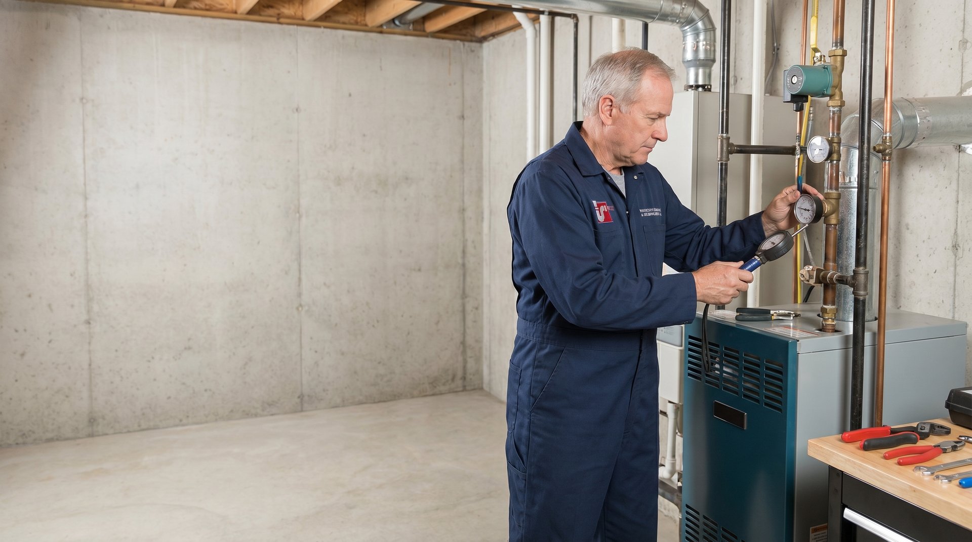 Boiler and heating repair in NYC — Watson's Plumbing & Heating technician servicing a basement boiler