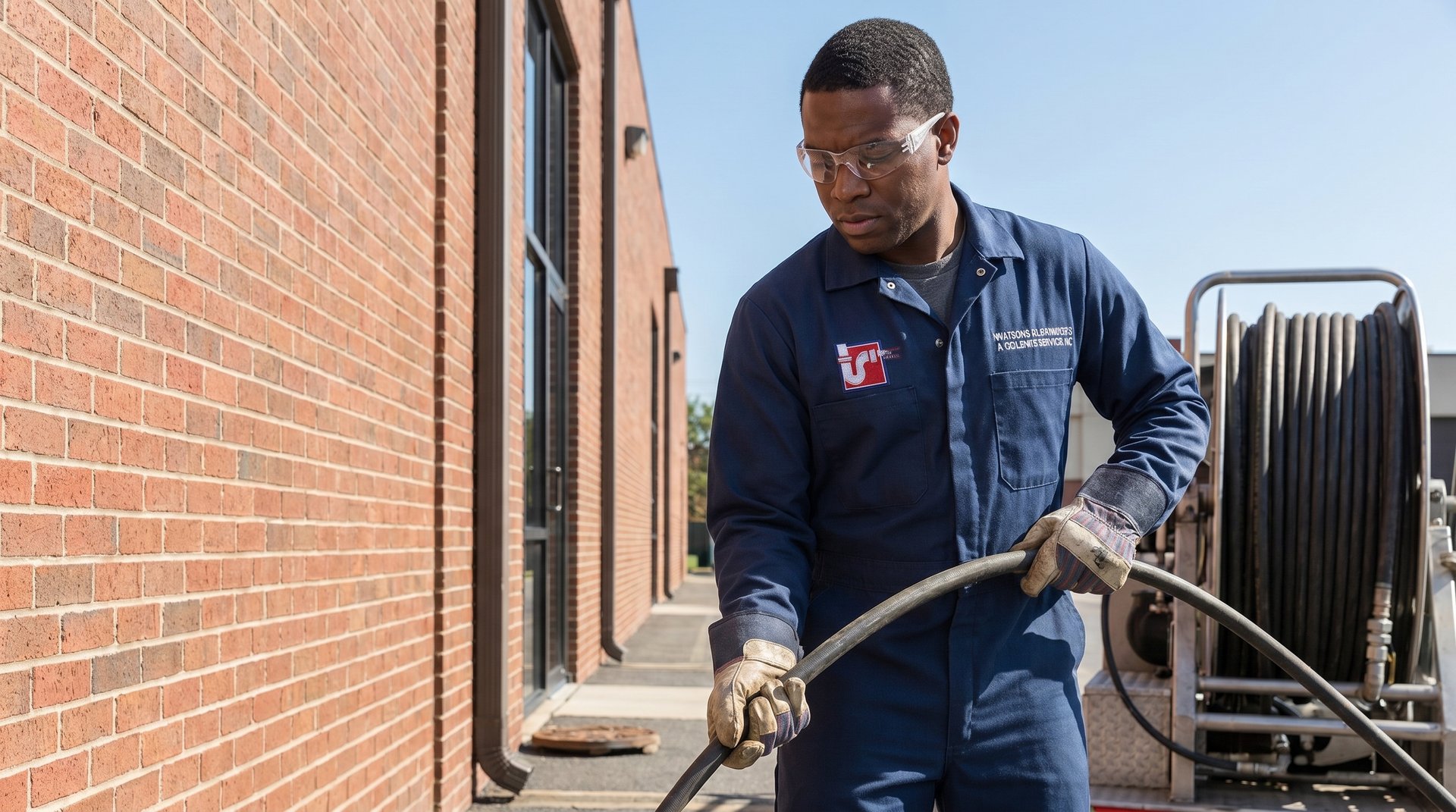 Commercial drain and sewer service in NYC — Watson's Plumbing & Heating technician running a sewer jetter