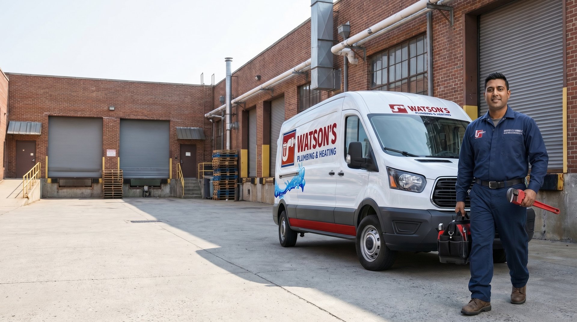 Commercial plumber serving Manhattan & the Bronx, NYC — Watson's Plumbing & Heating technician and branded van at an industrial site