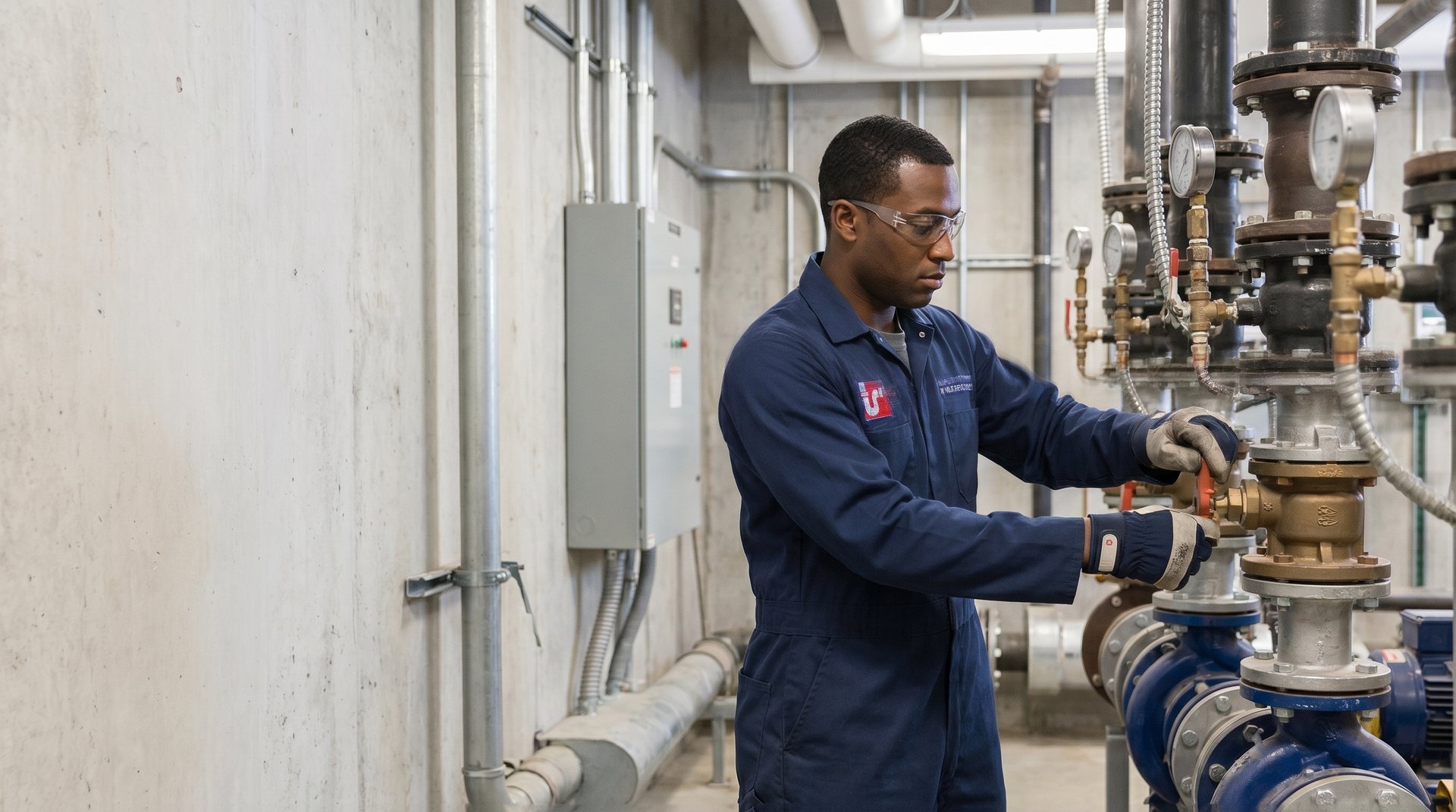 Commercial pump services in NYC — Watson's Plumbing & Heating technician servicing a booster pump