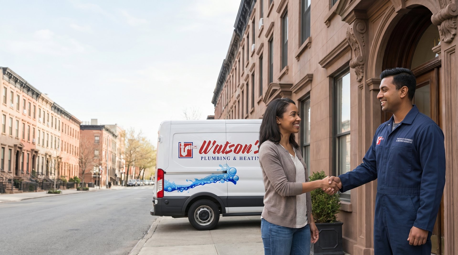 Happy NYC homeowner shaking hands with a Watson's Plumbing & Heating technician outside a brownstone