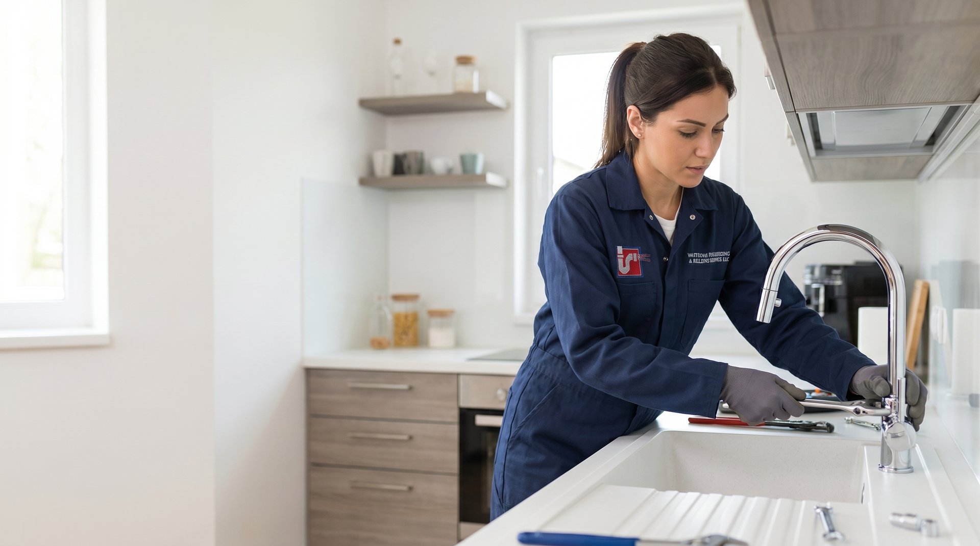 Faucet and fixture installation in NYC — Watson's Plumbing & Heating technician installing a kitchen faucet
