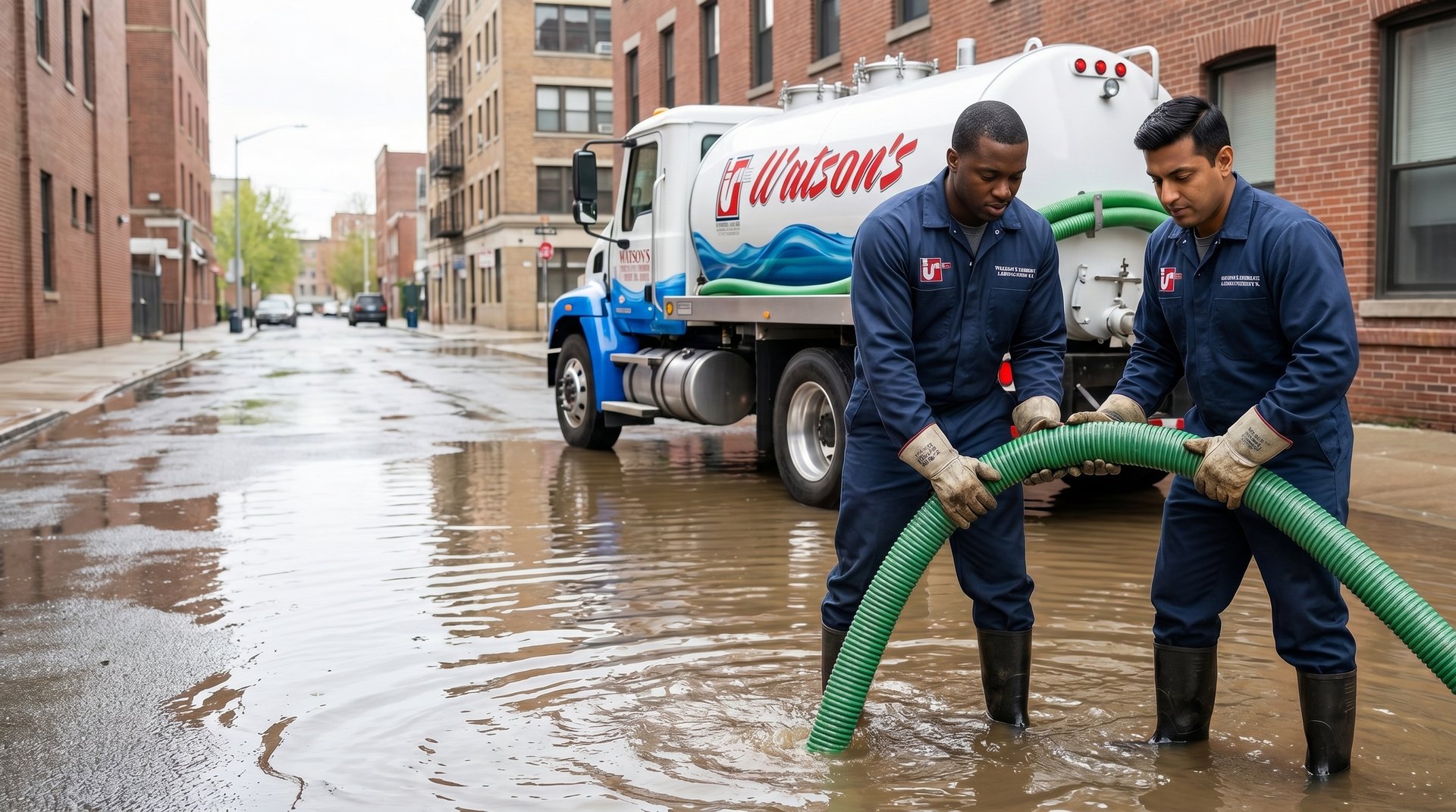 Flood cleanup in NYC — Watson's Plumbing & Heating crew extracting flood water with the water tanker