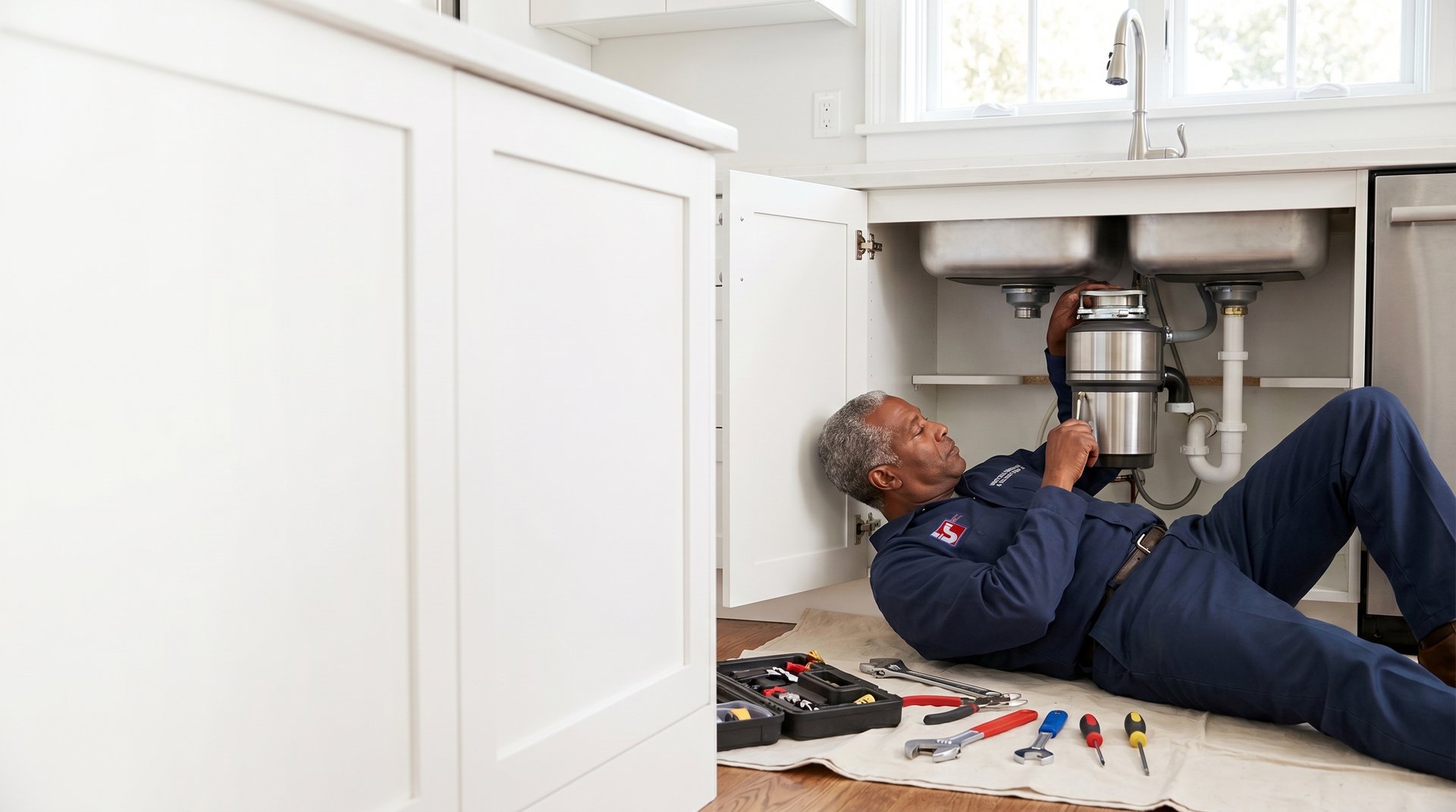 Garbage disposal repair in NYC — Watson's Plumbing & Heating technician under a kitchen sink
