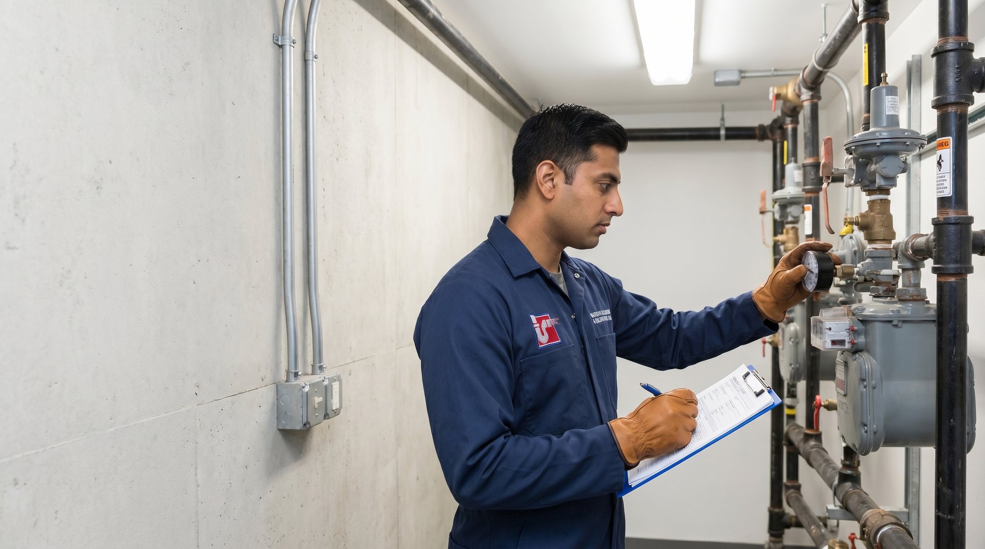 Local Law 152 gas piping inspection in NYC — Watson's Plumbing & Heating technician inspecting gas piping
