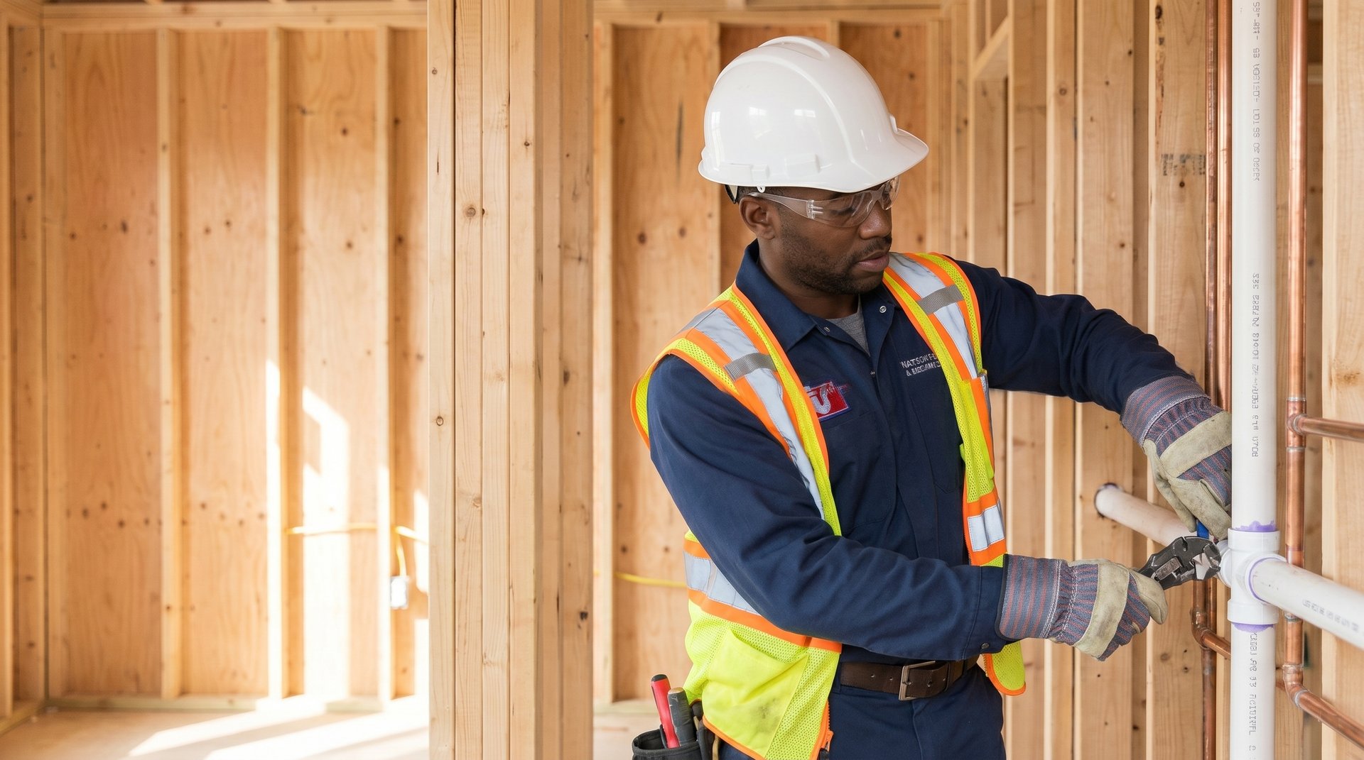 New construction plumbing in NYC — Watson's Plumbing & Heating technician roughing-in pipes at a jobsite