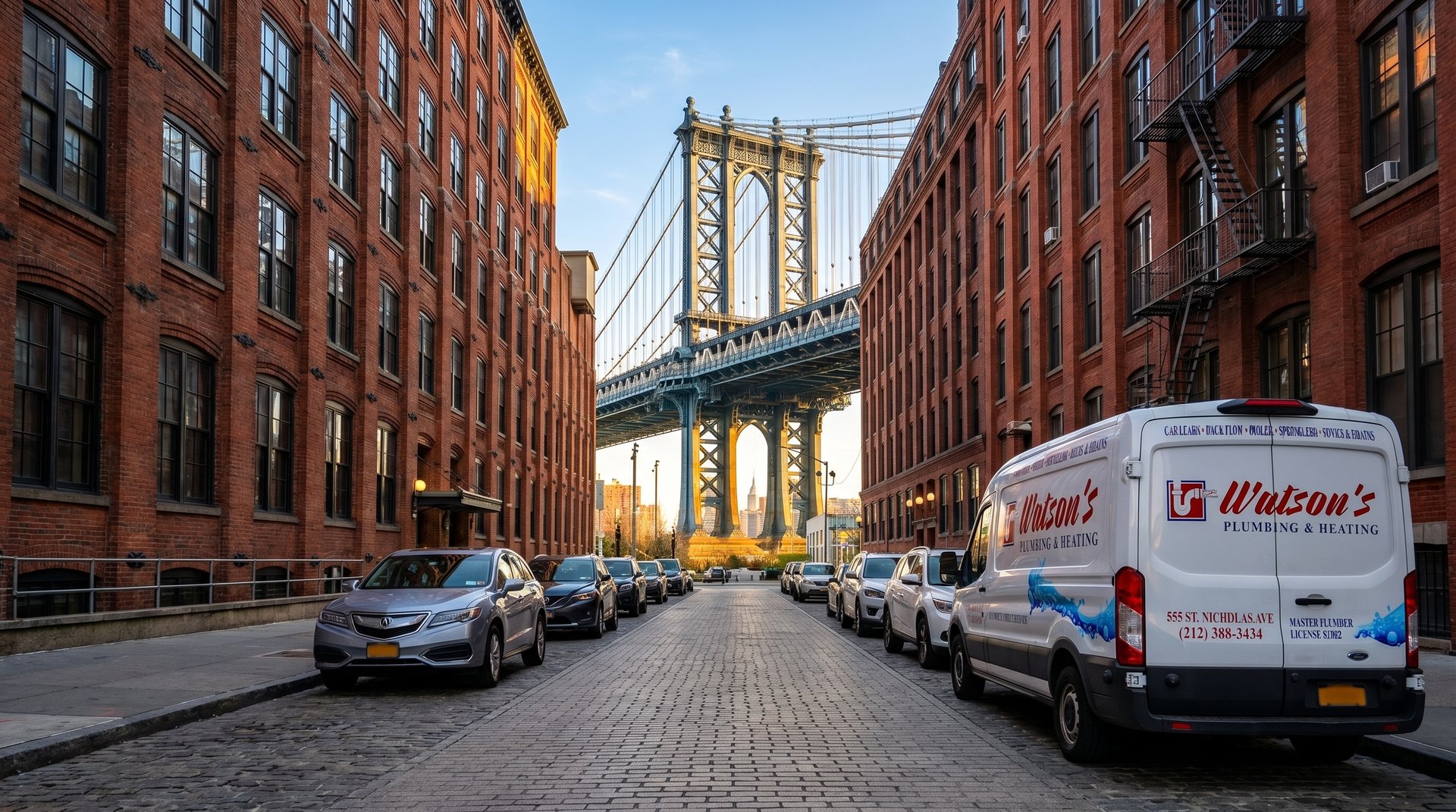 Plumber in Brooklyn, NYC — Watson's Plumbing & Heating van on a DUMBO cobblestone street with the bridge behind