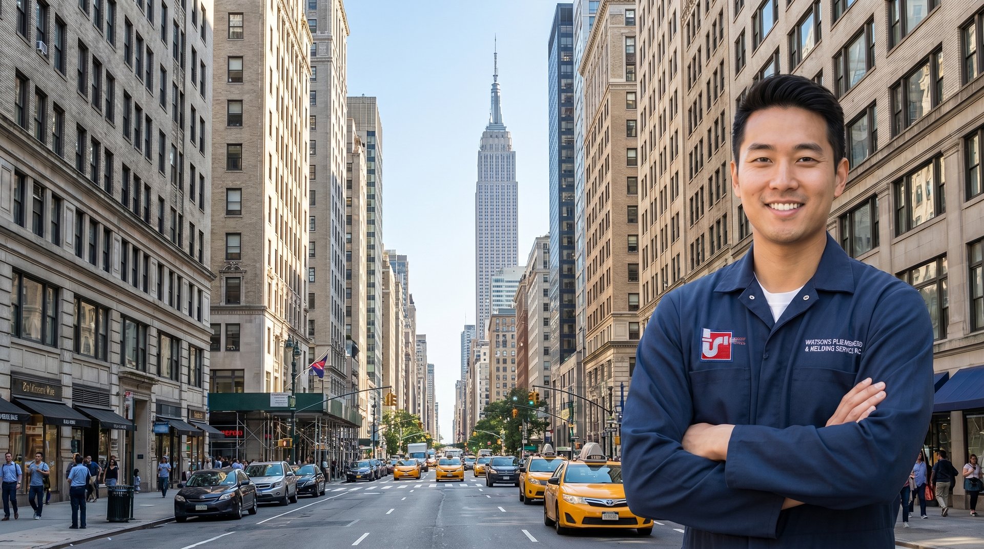 Plumber in Manhattan, NYC — Watson's Plumbing & Heating technician on a Midtown street with the Empire State Building behind