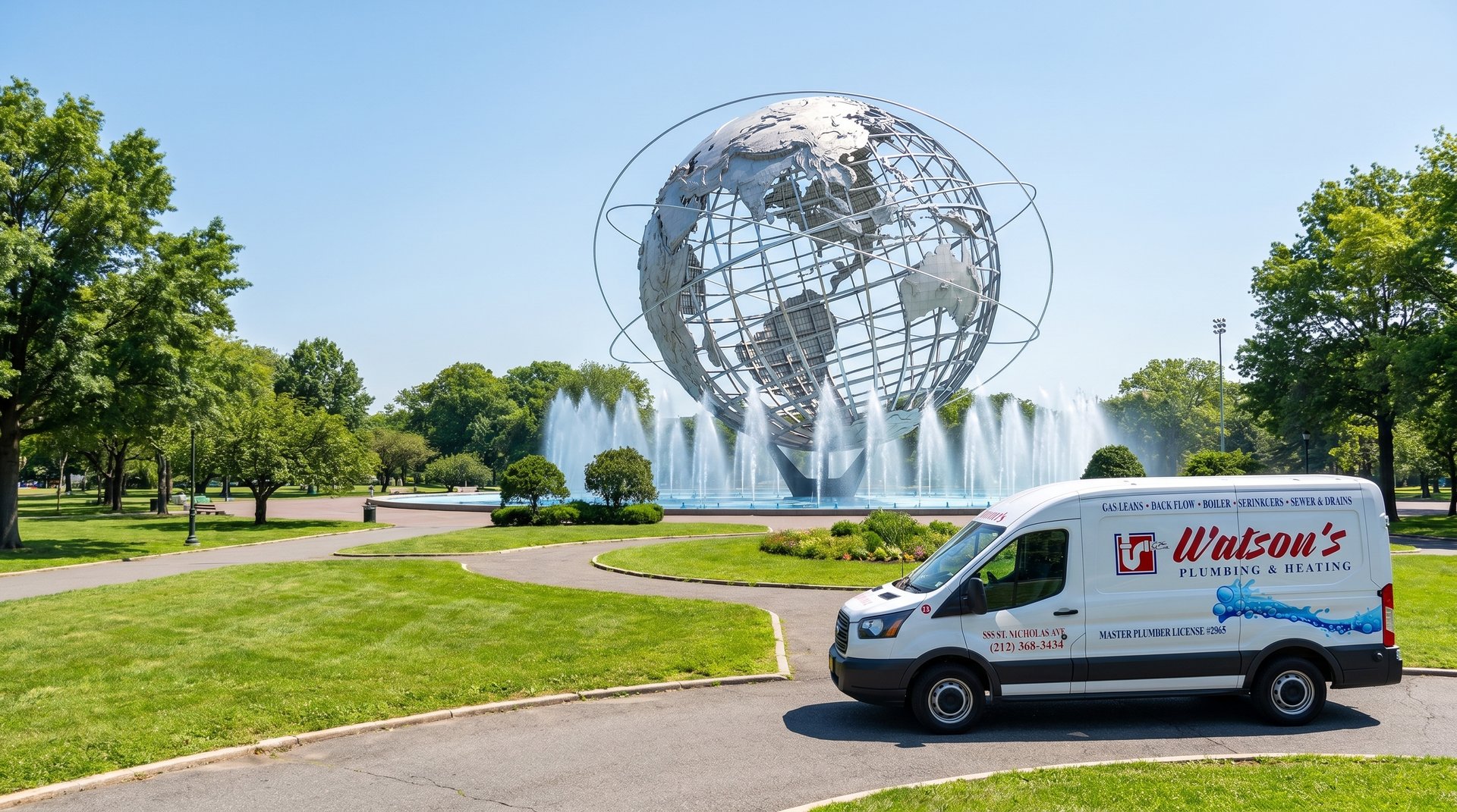 Plumber in Queens, NYC — Watson's Plumbing & Heating van by the Unisphere globe in Flushing Meadows