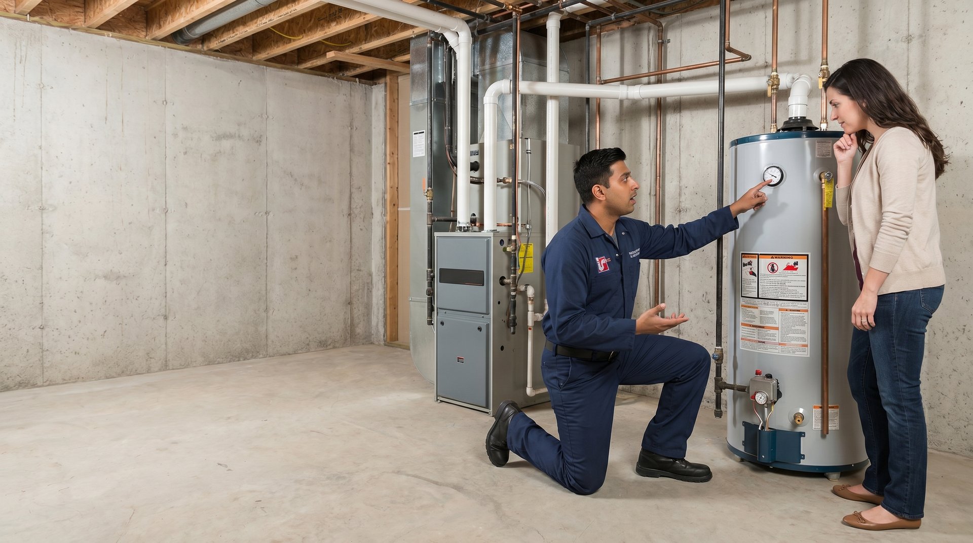 Watson's Plumbing & Heating technician explaining a water heater to an NYC homeowner — plumbing tips and advice