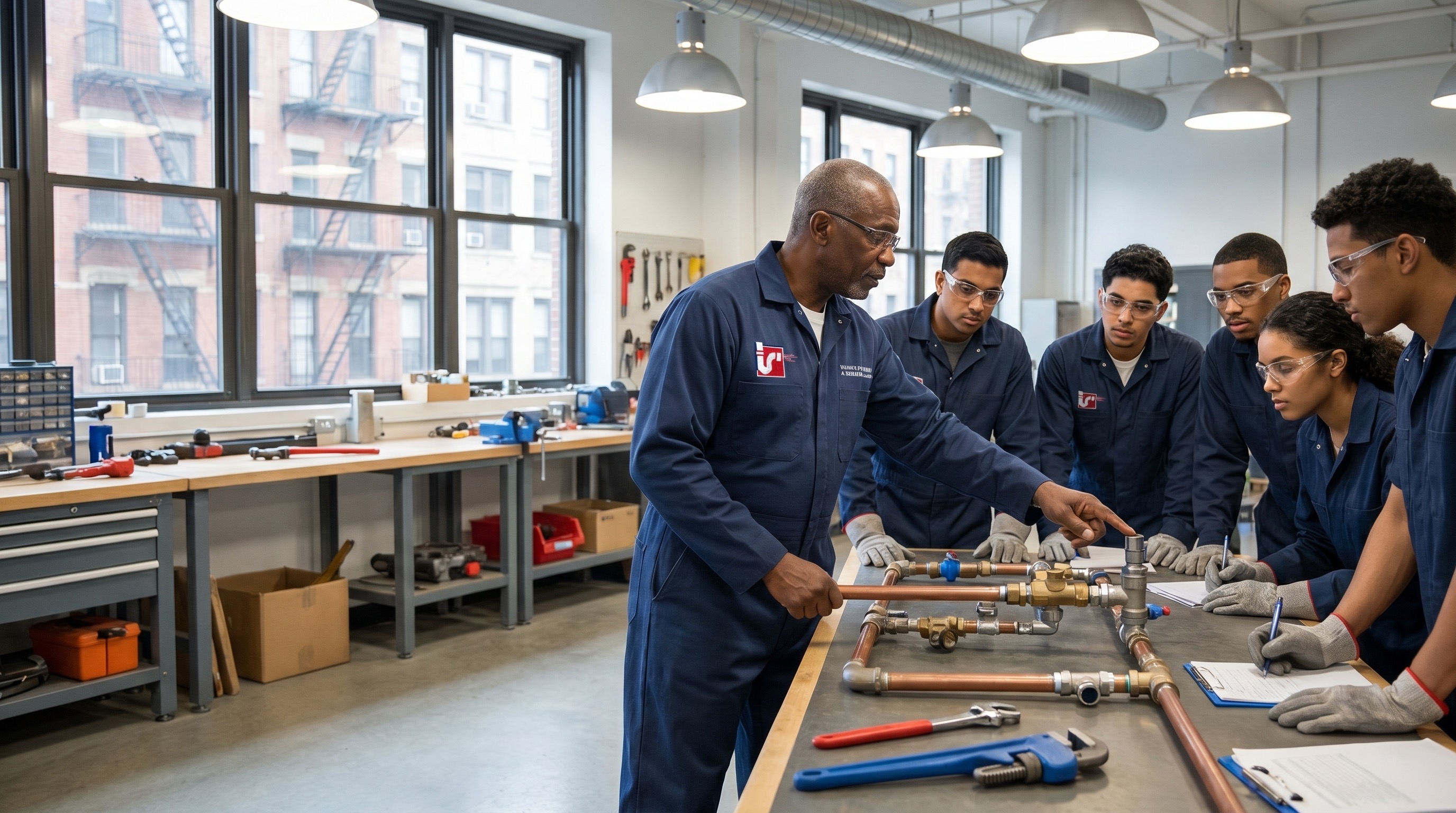 Watson's master plumber teaching apprentices pipe fitting in NYC