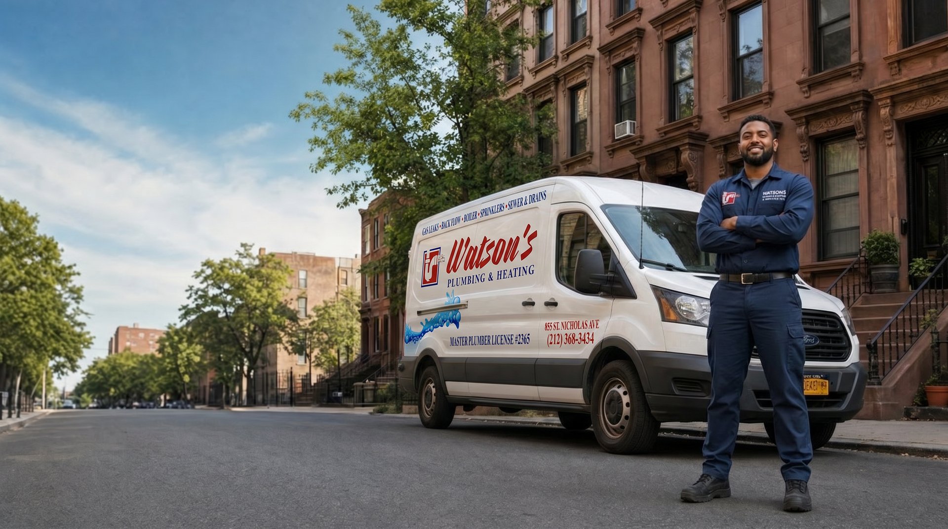 Residential plumber in Manhattan, NYC — Watson's Plumbing & Heating technician and branded van outside a Harlem brownstone