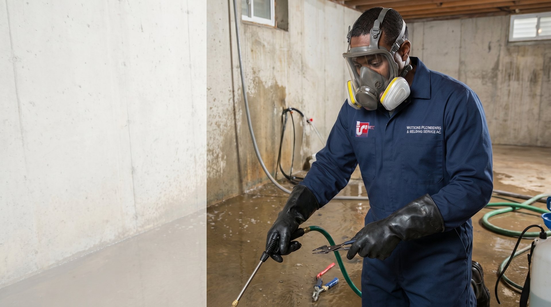 Sewage cleanup in NYC — Watson's Plumbing & Heating technician in protective gear sanitizing a basement