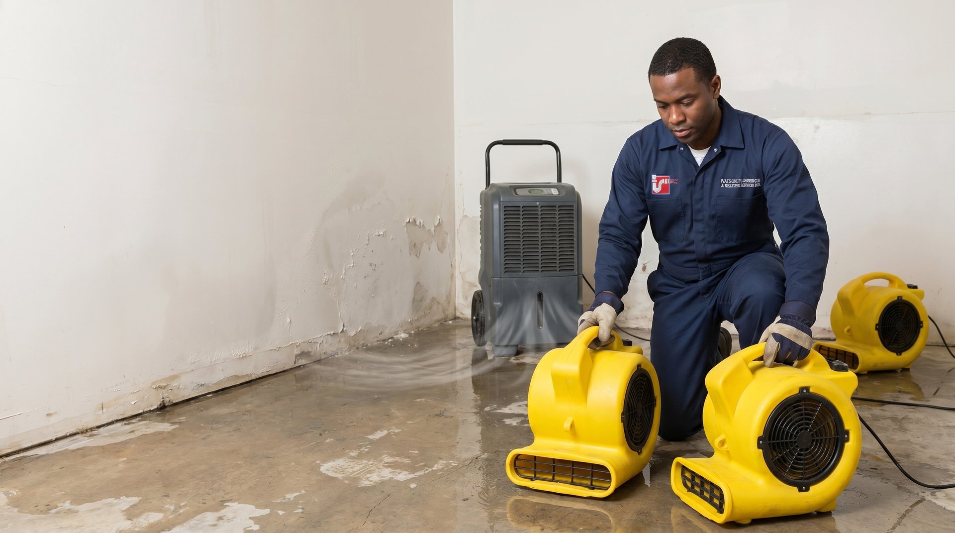 Structural drying and dehumidification in NYC — Watson's Plumbing & Heating technician setting up air movers