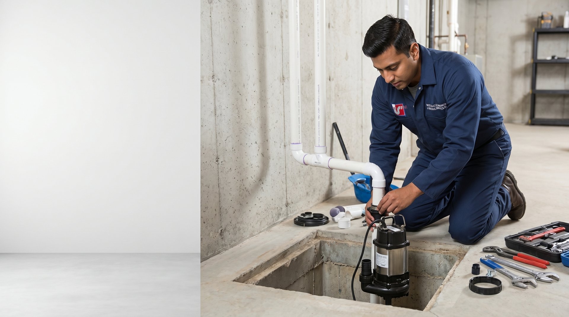 Sump pump installation and service in NYC — Watson's Plumbing & Heating technician at a basement sump pit