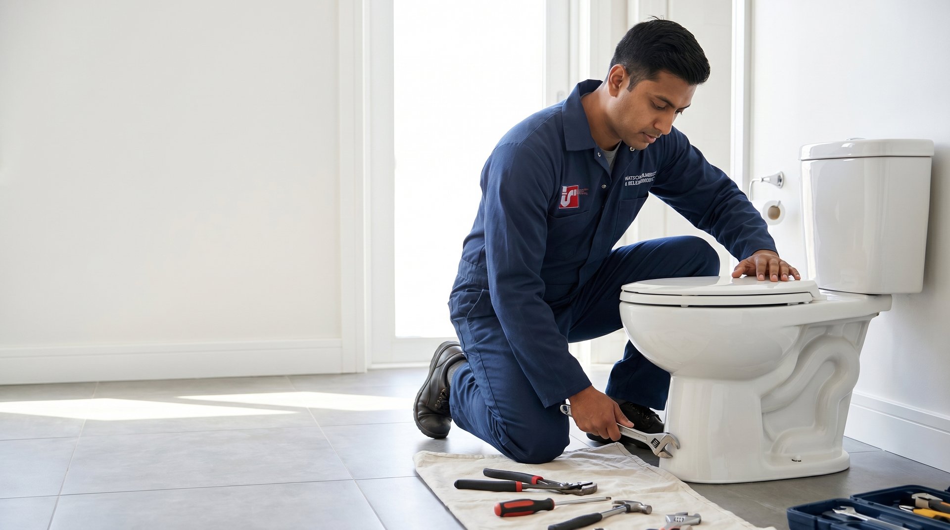Toilet repair and installation in NYC — Watson's Plumbing & Heating technician installing a toilet