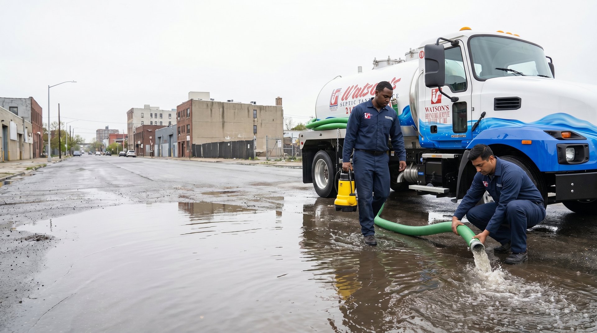 Water damage restoration in Manhattan, NYC — Watson's Plumbing & Heating crew pumping flood water with the Watson's water tanker truck