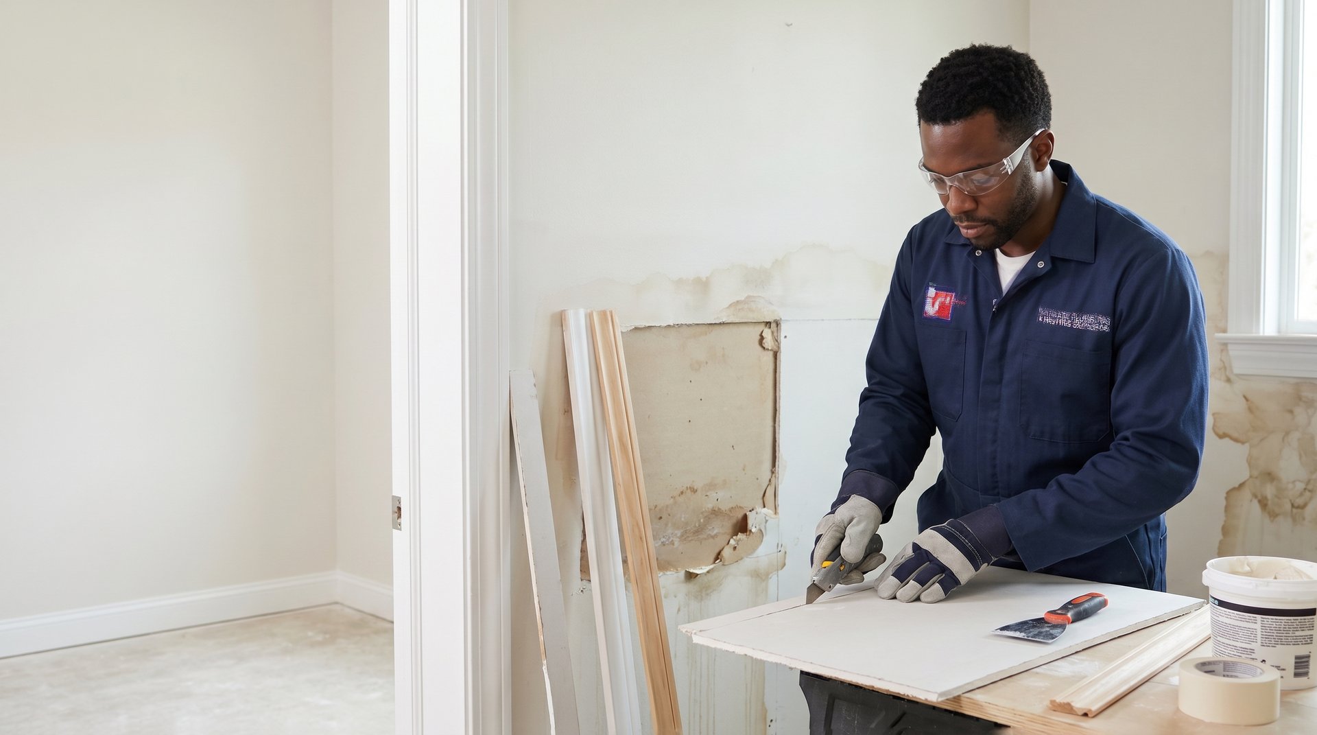 Water damage restoration in NYC — Watson's Plumbing & Heating technician restoring a water-damaged room