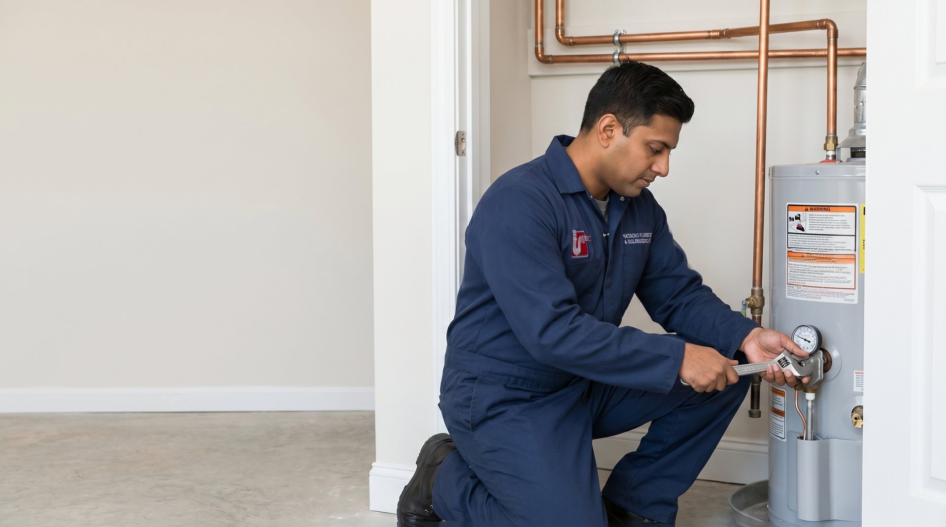Water heater repair in NYC — Watson's Plumbing & Heating technician servicing a residential water heater