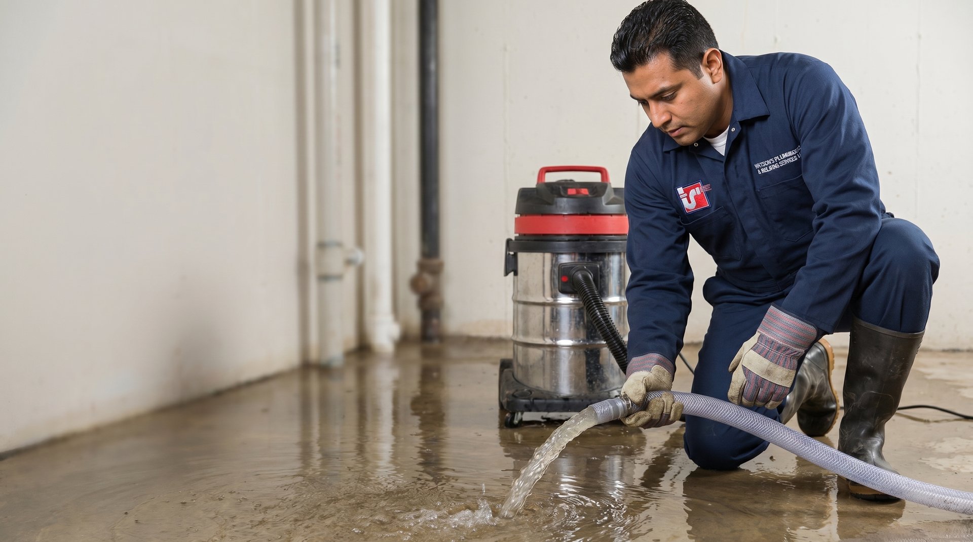 Water removal and extraction in NYC — Watson's Plumbing & Heating technician extracting standing water