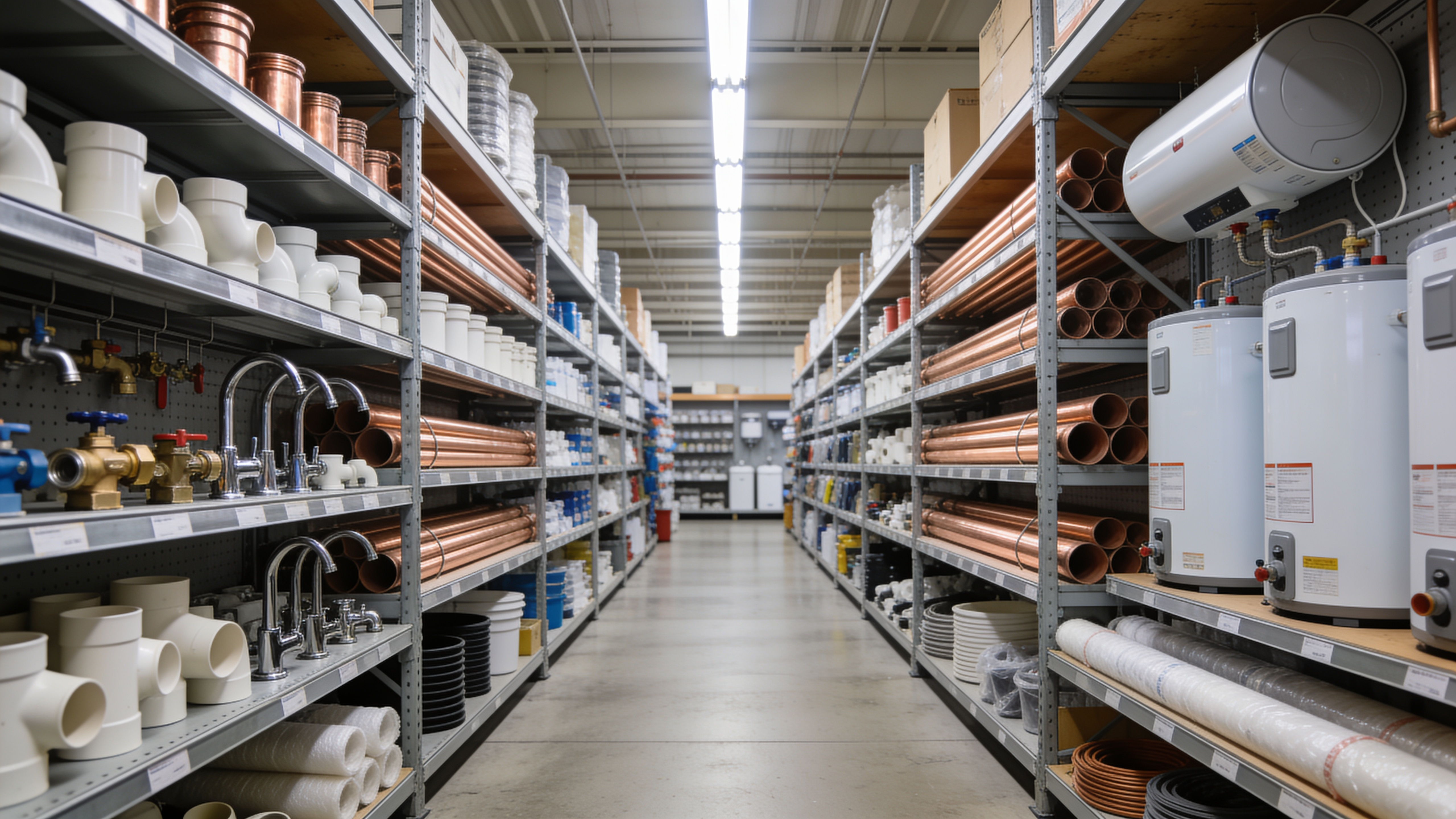 Watson's plumbing parts and supplies warehouse — copper pipes, fittings, valves, and water heaters available in NYC